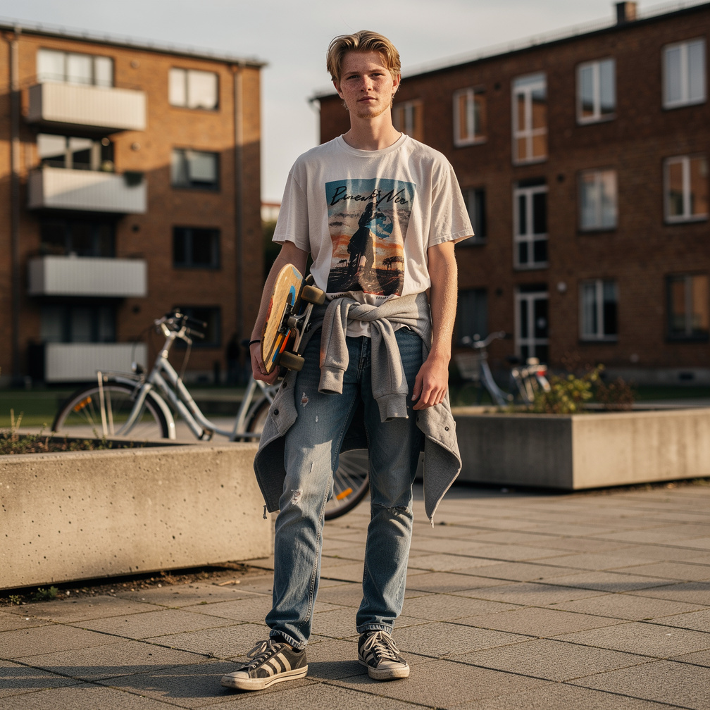 Young Danish skateboarder standing with his skateboard in an urban courtyard